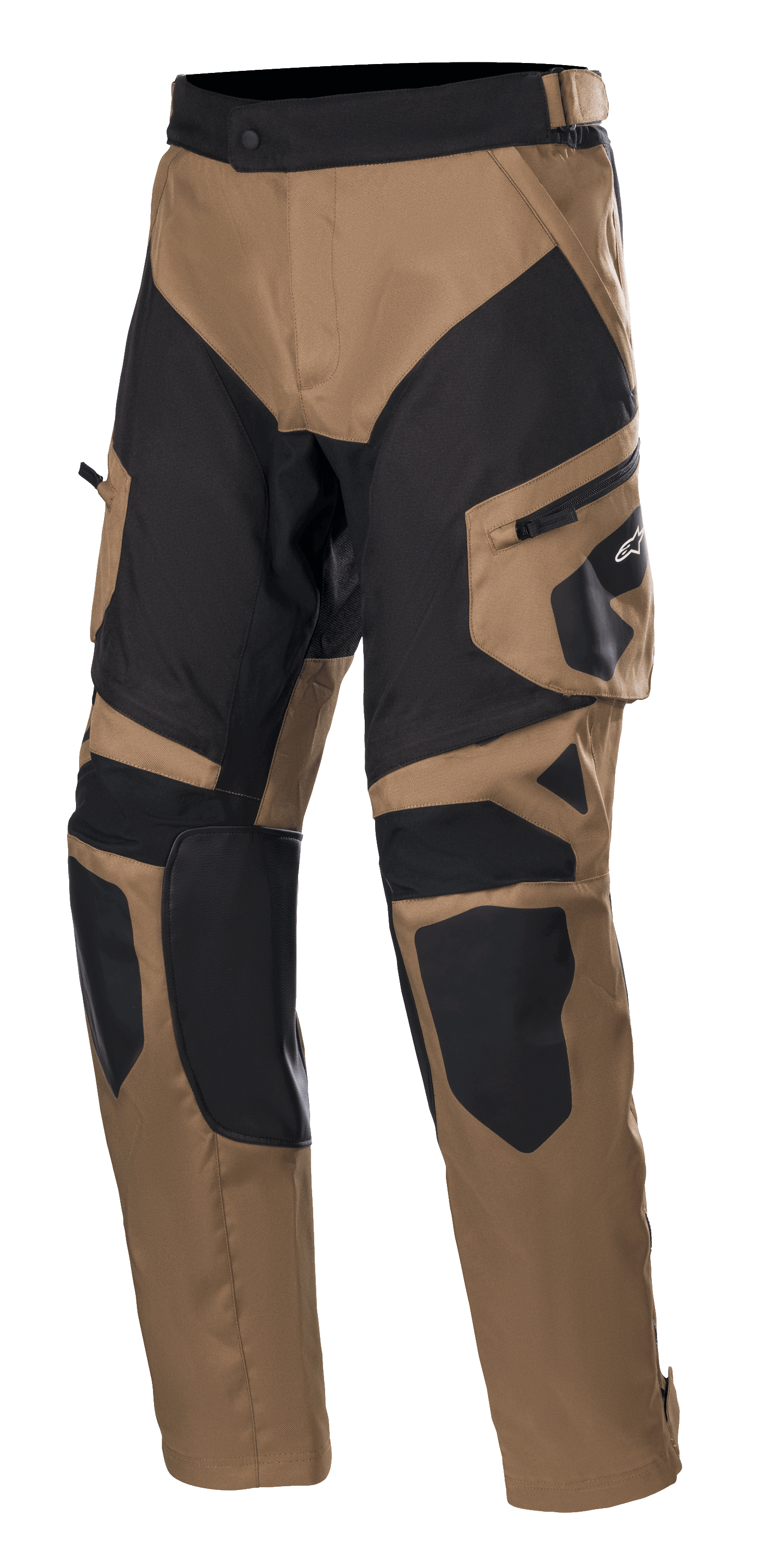 Alpinestars Venture XT Pants Over Boot, adventure touring motorbroek, camel en zwart, met versterkte knie- en dijpanelen, zijzak met Alpinestars-logo en verstelbare tailleband.