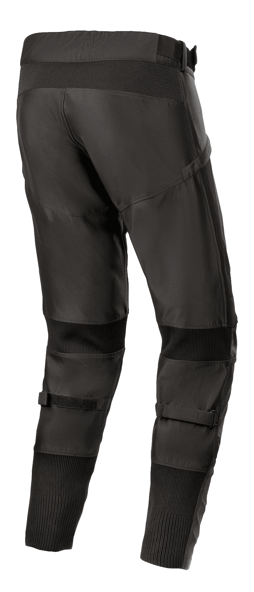 Alpinestars T SP-5 Rideknit® broek, textiele motorbroek, zwart, achteraanzicht met focus op het hoge rugprofiel en de taps toelopende pasvorm, voorzien van gebreide stretchpanelen achter de knieën en enkels, verstelbare kuitbanden, performance motorkleding voor de weg