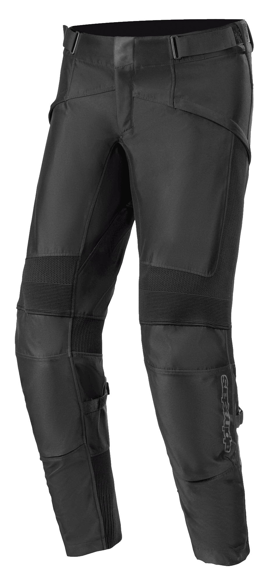Alpinestars T SP-5 Rideknit Pants, zwarte textiele motorbroek, voorzien van geribbelde stretchpanelen op de knieën, verstelbare taillebanden, duurzame gebreide zones voor extra flexibiliteit en een slanke, taps toelopende pasvorm.
