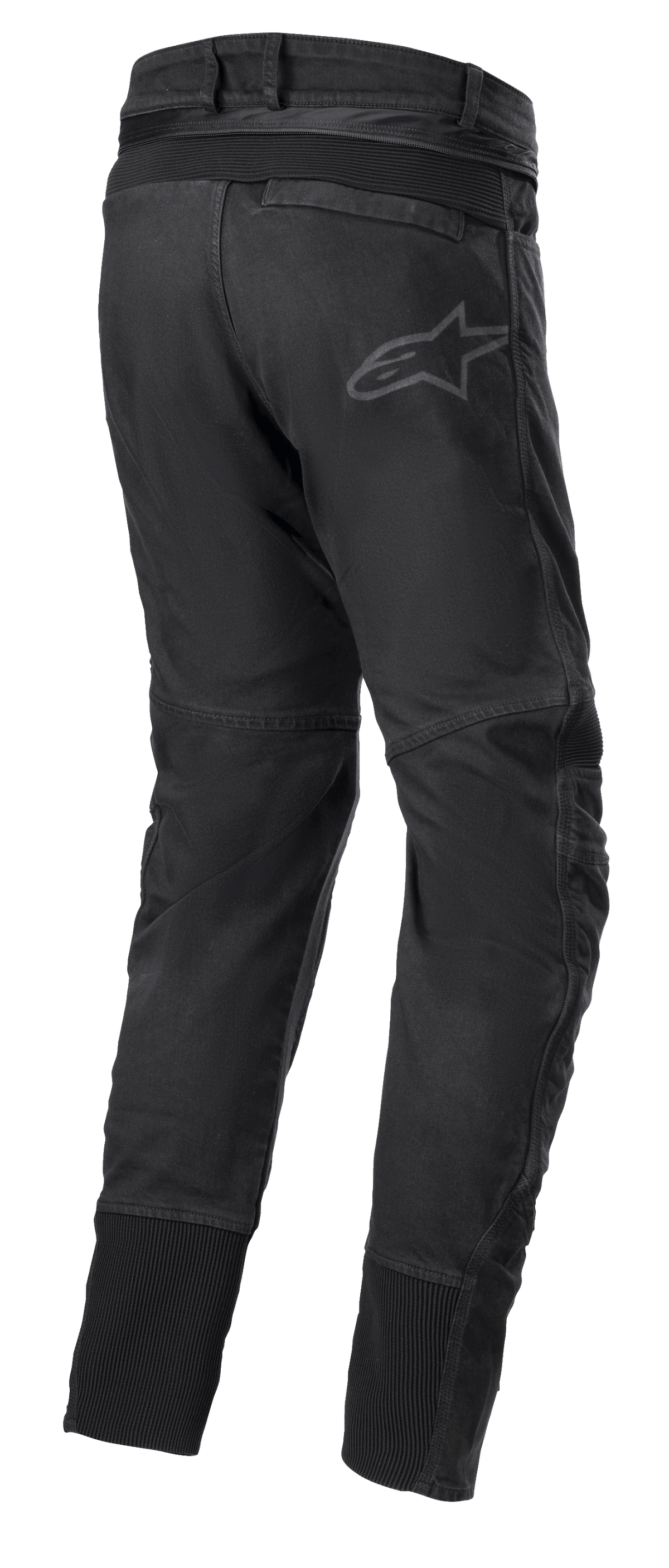 Alpinestars SP Pro Pants, technische motor sportbroek in het zwart, achteraanzicht met verbindingsrits in de taille, RIDEKNIT® stretch-inzetstukken op de rugpas en de kuiten, subtiele logo's.