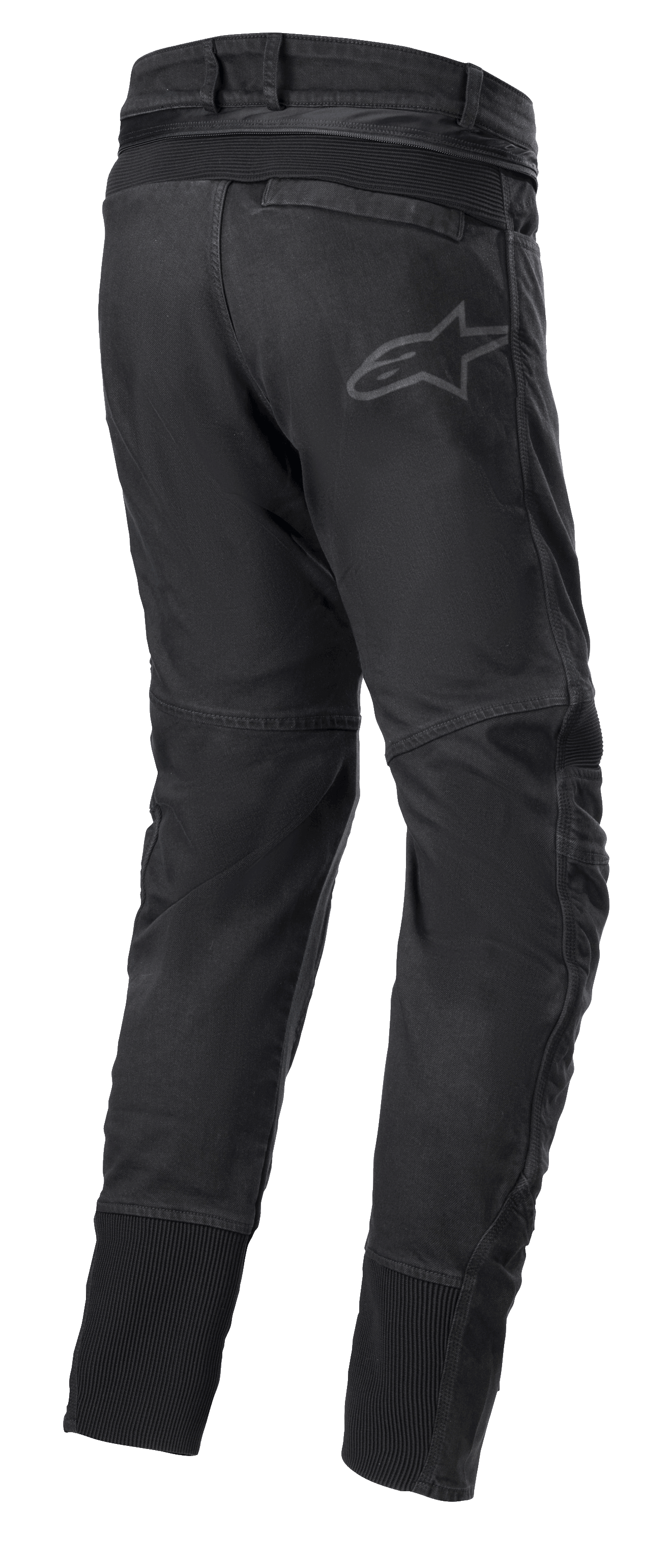 Alpinestars SP Pro Pants, technische motor sportbroek in het zwart, achteraanzicht met verbindingsrits in de taille, RIDEKNIT® stretch-inzetstukken op de rugpas en de kuiten, subtiele logo's.