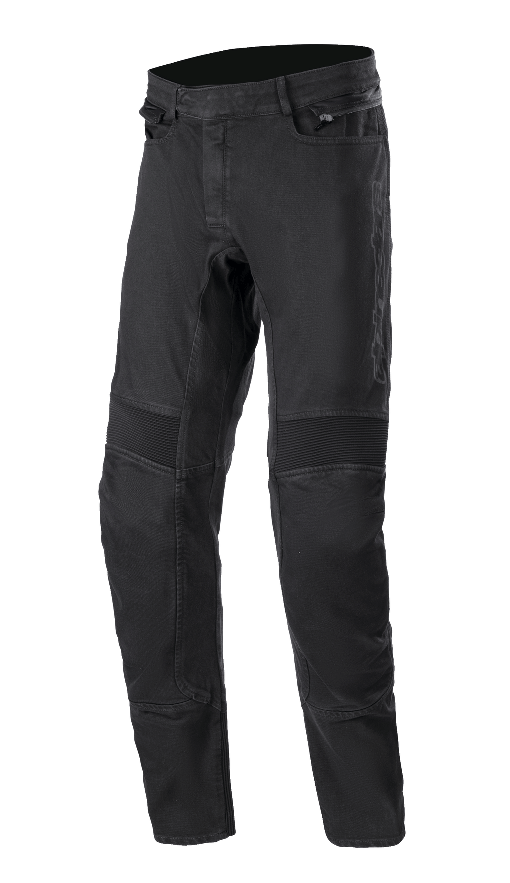 Alpinestars SP Pro Pants, technische motorbroek, zwart, slim-fit stretch denim met geribbelde accordeonpanelen bij de knieën voor flexibiliteit, zijzakken met rits en duurzame driedubbele stiksels