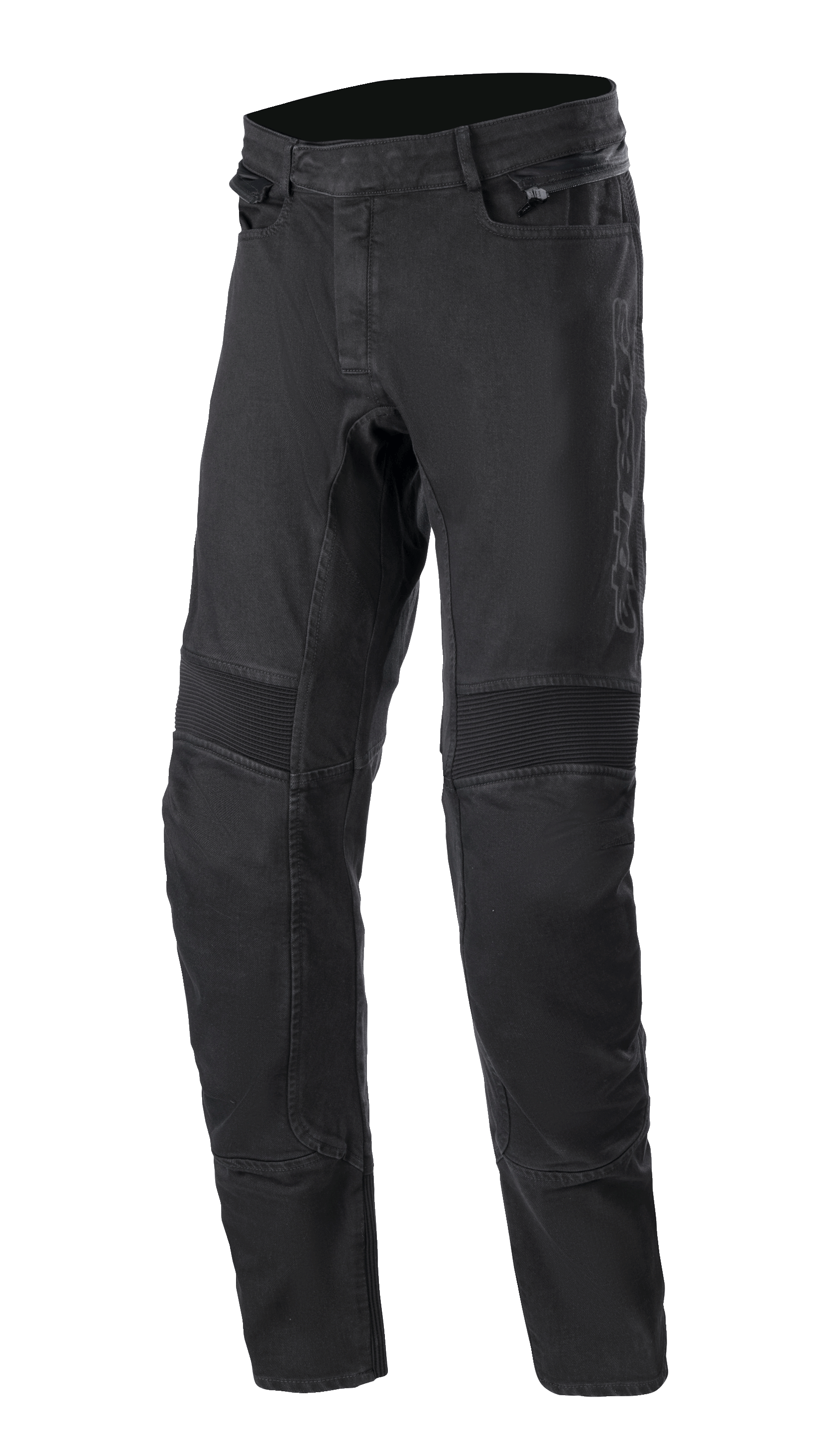 Alpinestars SP Pro Pants, technische motorbroek, zwart, slim-fit stretch denim met geribbelde accordeonpanelen bij de knieën voor flexibiliteit, zijzakken met rits en duurzame driedubbele stiksels