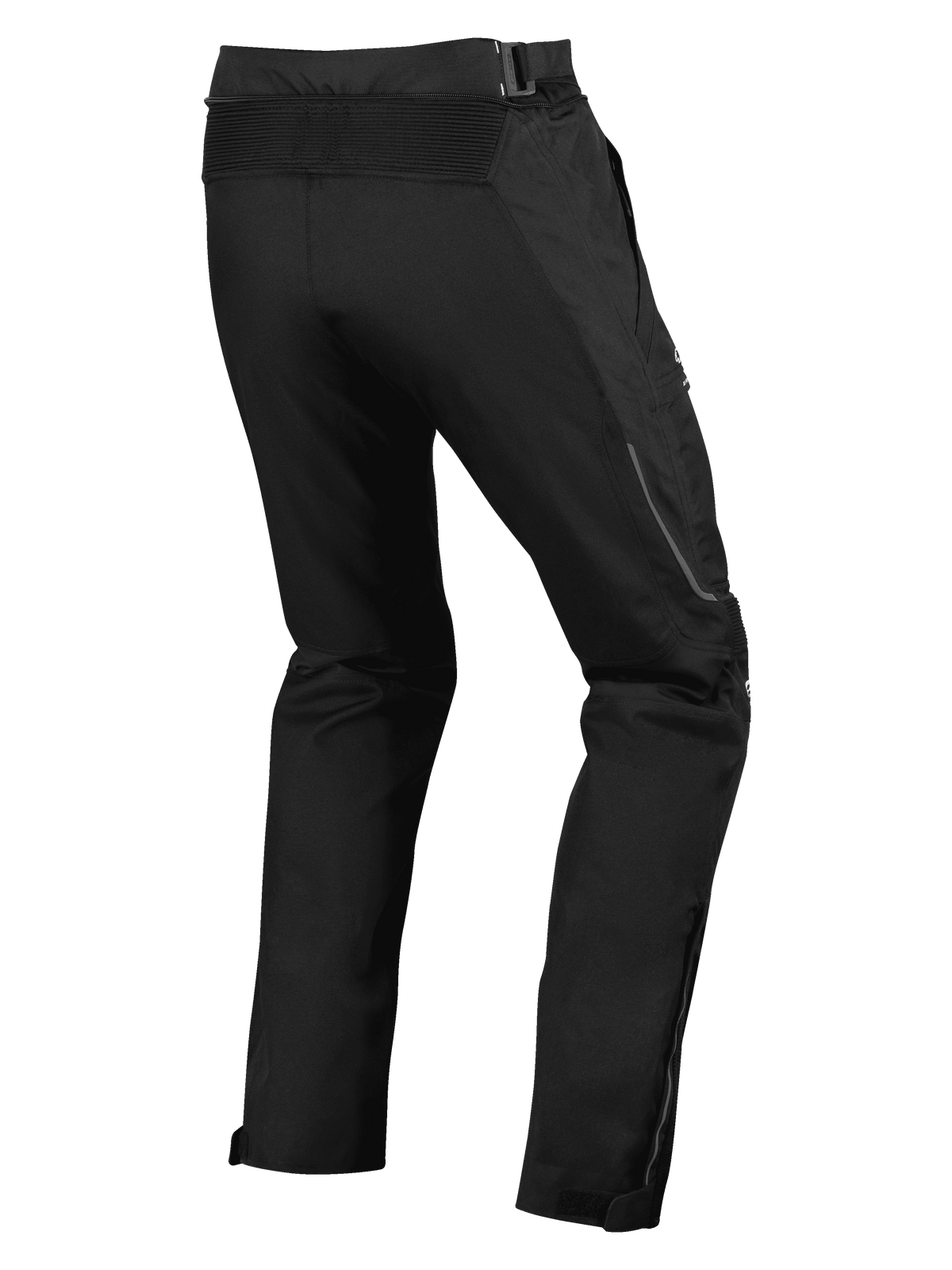 Alpinestars Ramjet Air broek, motorbroek, zwart, achteraanzicht met accordeon stretchpaneel in de taille, meerpanelige textielconstructie en ritsinzetten aan de broekspijpen voor een goede pasvorm.