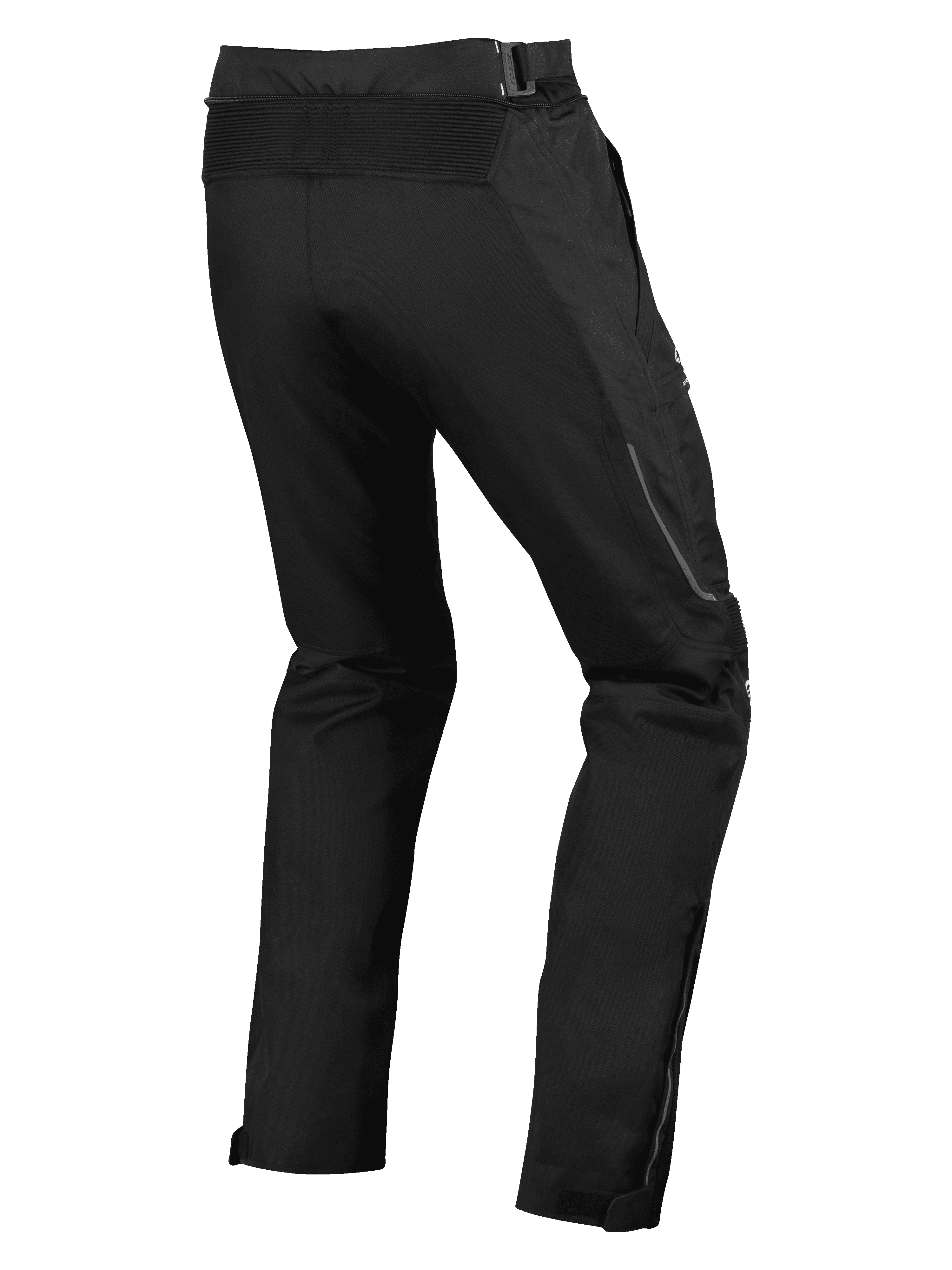 Alpinestars Ramjet Air Pants, Motorcycle Road Pants, Black, back view featuring accordion stretch panel at the waist, multi-panel textile construction, and zippered leg gussets for a secure fit.