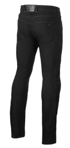 Alpinestars Cult-8 Stretch Denim broek, Black Rinse, achteraanzicht van motorjeans, rechte pijpen met regular fit, voorzien van achterzakken en een lederen logo-patch op de tailleband, casual urban stijl