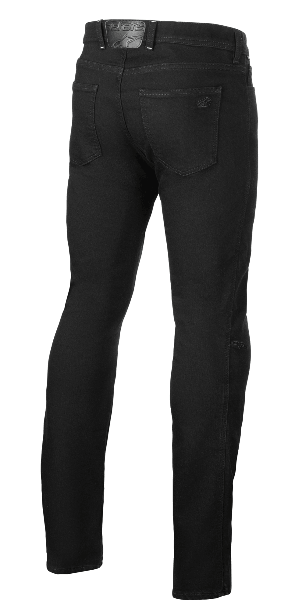 Alpinestars Cult-8 Stretch Denim broek, Black Rinse, achteraanzicht van motorjeans, rechte pijpen met regular fit, voorzien van achterzakken en een lederen logo-patch op de tailleband, casual urban stijl