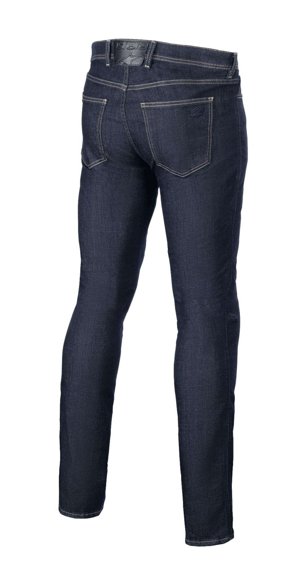 Alpinestars Cult-8 Stretch Denim Broek, Rinse Blue, achteraanzicht, voorzien van een five-pocket ontwerp met tonaal geborduurd logo op de achterzak, ontspannen reguliere pasvorm met rechte pijpen, beschermende motorjeans