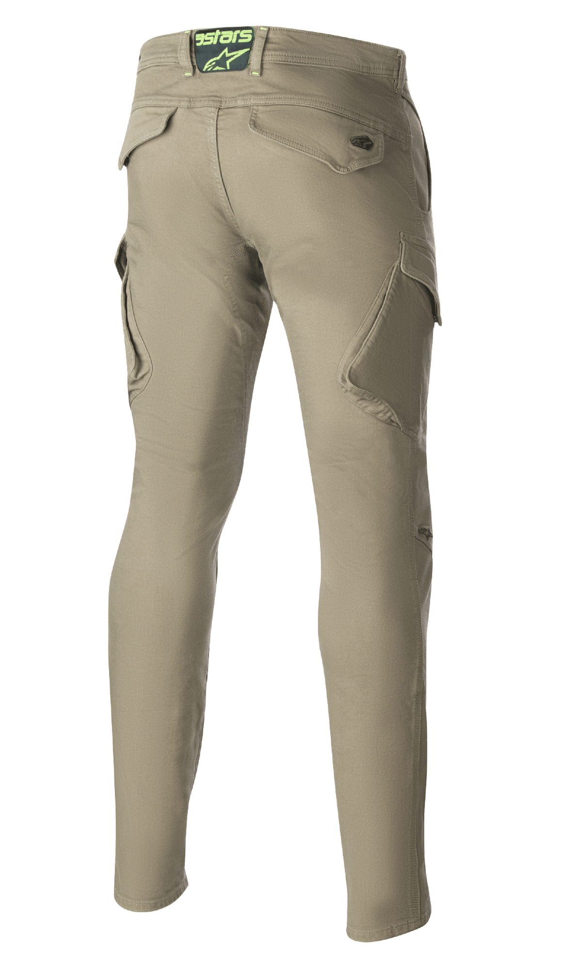 Alpinestars Caliber Slim Fit Tech rijbroek, Military Green, achteraanzicht met schuine cargozakken en slank, taps toelopend silhouet, Astars-logo op de tailleband, duurzame motorbroek in urban combat-stijl