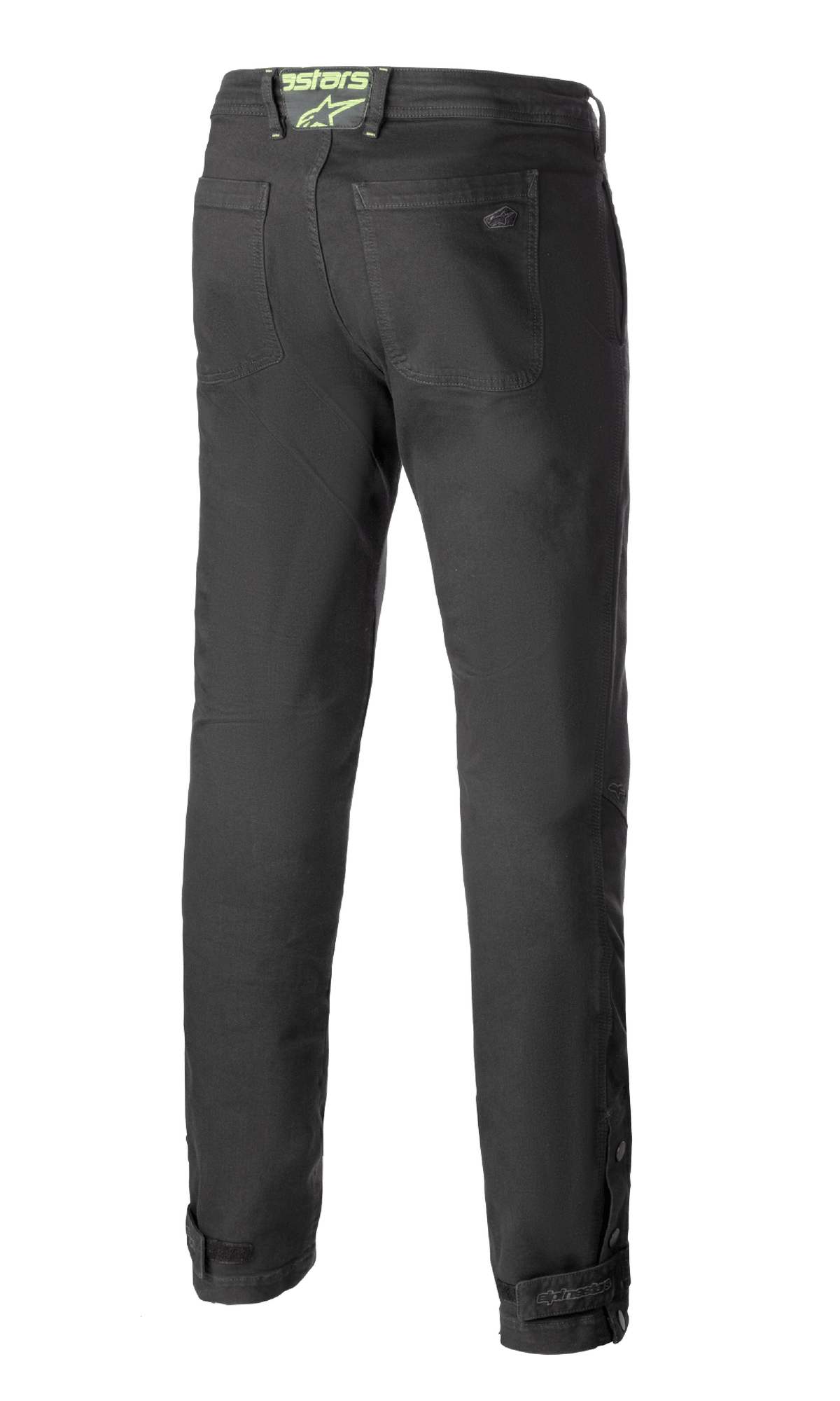 Alpinestars Stratos Regular Fit Tech Riding Pants, motorrijbroek, antracietgrijs, achteraanzicht met toelopende pasvorm, achterzakken, neongroen Alpinestars-logo op de tailleband en verstelbare kuit-sluitingen
