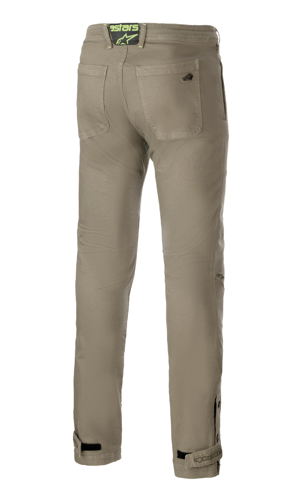Alpinestars Stratos Regular Fit Tech Riding Pants, Military Green, achteraanzicht met twee achterzakken en een neongroene logopatch op de tailleband, toelopende pijpen met verstelbare enkelbanden, casual street-style motorbroek
