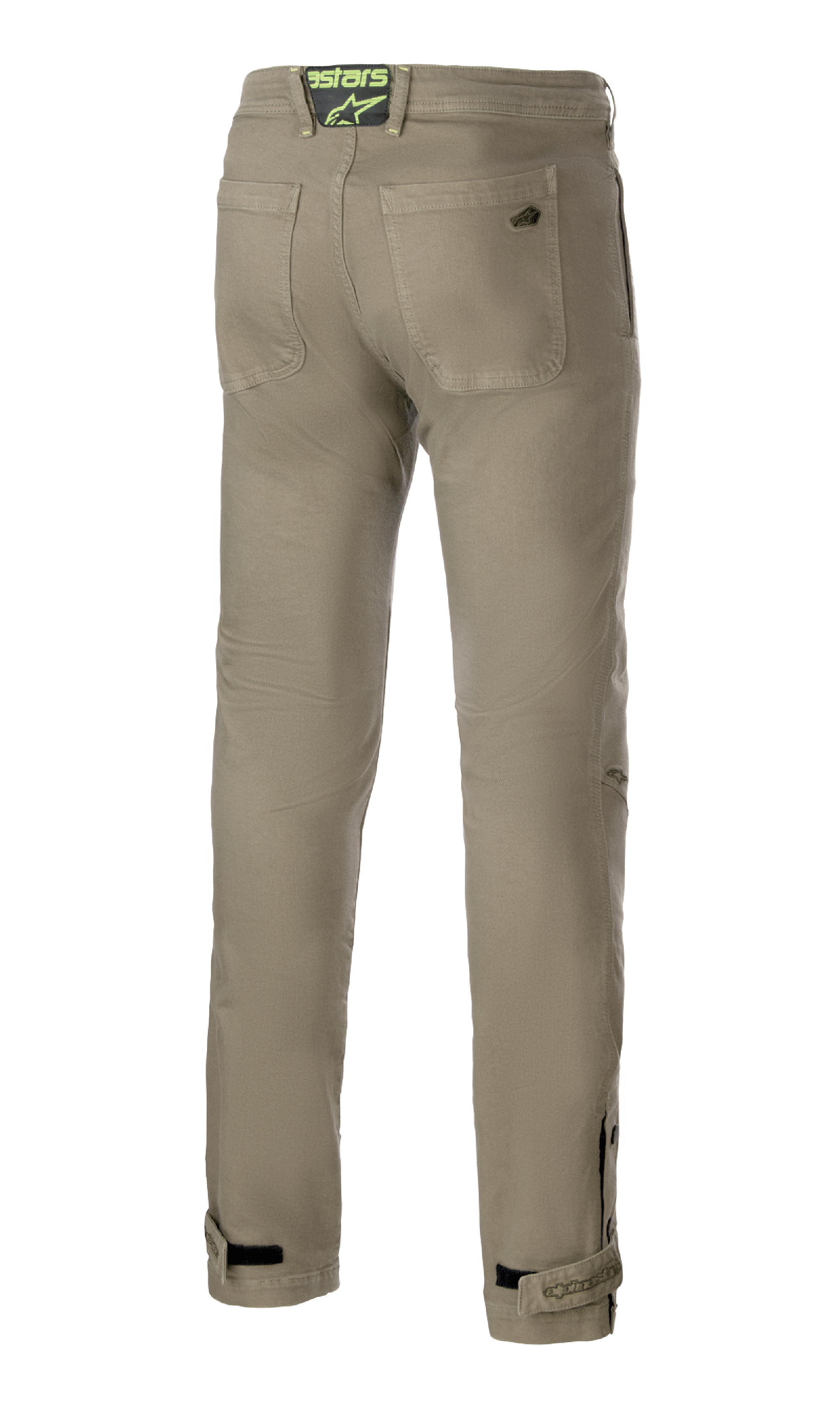 Alpinestars Stratos Regular Fit Tech Riding Pants, Military Green, achteraanzicht met twee achterzakken en een neongroene logopatch op de tailleband, toelopende pijpen met verstelbare enkelbanden, casual street-style motorbroek