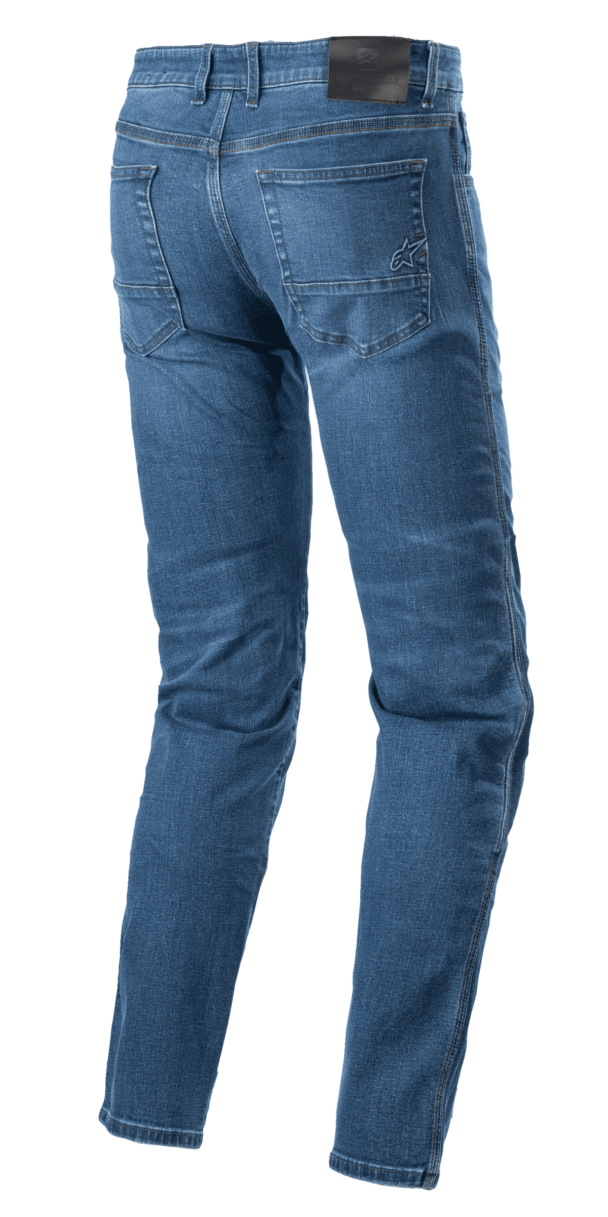 Alpinestars Radon Regular Fit Denim Pants, motorjeans, Rinse Blue, achteraanzicht met zwarte patch op de tailleband en geborduurd sterlogo op de rechterachterzak, voorgevormde broekspijpen voor rij-ergonomie, casual denim stijl met vijf zakken