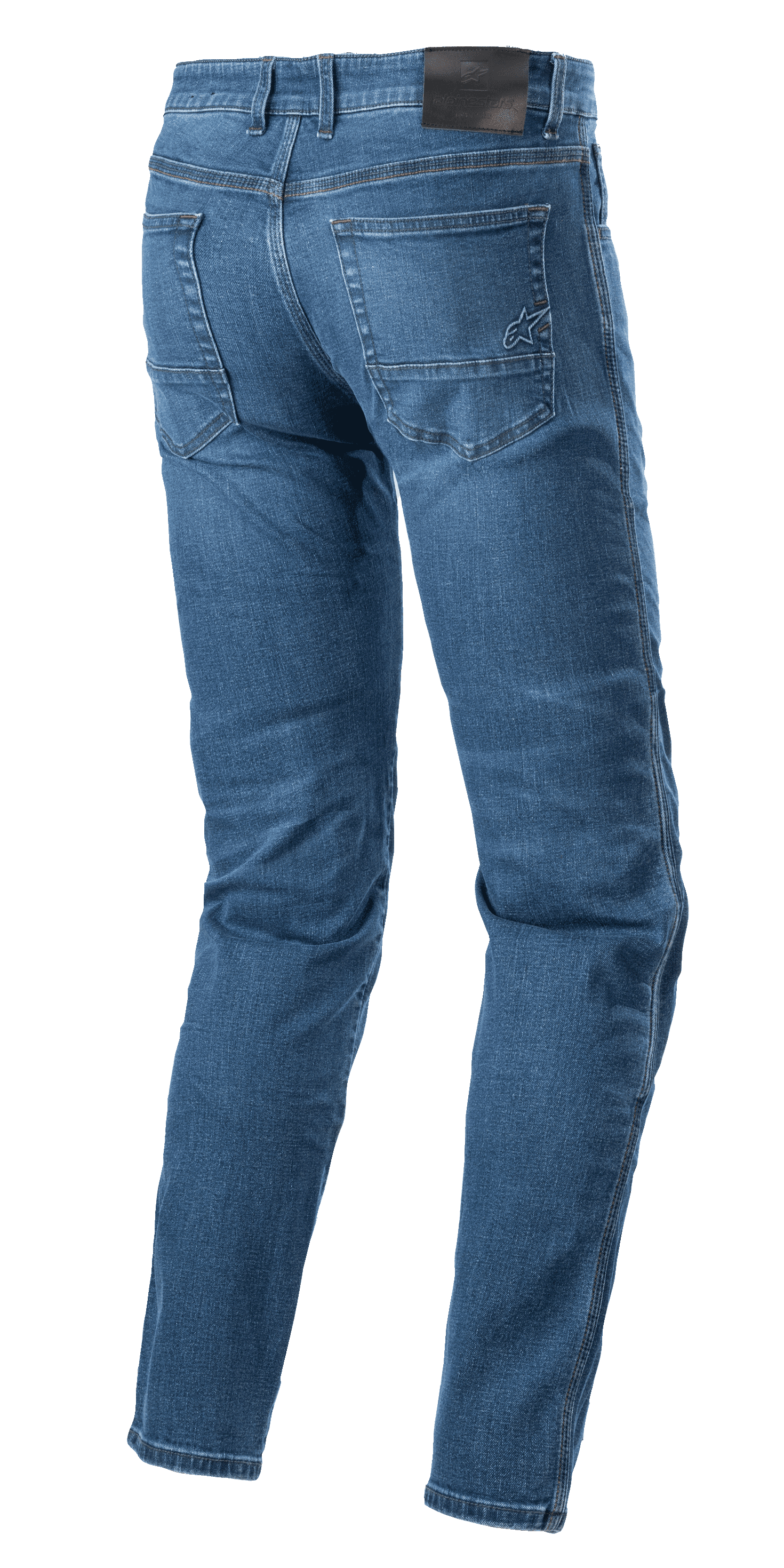 Alpinestars Radon Regular Fit Denim Pants, motorjeans, Rinse Blue, achteraanzicht met zwarte patch op de tailleband en geborduurd sterlogo op de rechterachterzak, voorgevormde broekspijpen voor rij-ergonomie, casual denim stijl met vijf zakken