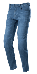 Alpinestars Radon Regular Fit Denim Pants, Rinse Blue motorjeans, model met rechte pijpen en een vijf-pocket design, verbleekte denim textuur, knoop- en ritssluiting, duurzame constructie voor urban riding