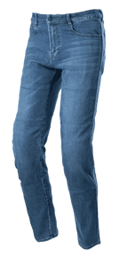 Alpinestars Radon Regular Fit Denim Pants, Rinse Blue motorjeans, model met rechte pijpen en een vijf-pocket design, verbleekte denim textuur, knoop- en ritssluiting, duurzame constructie voor urban riding