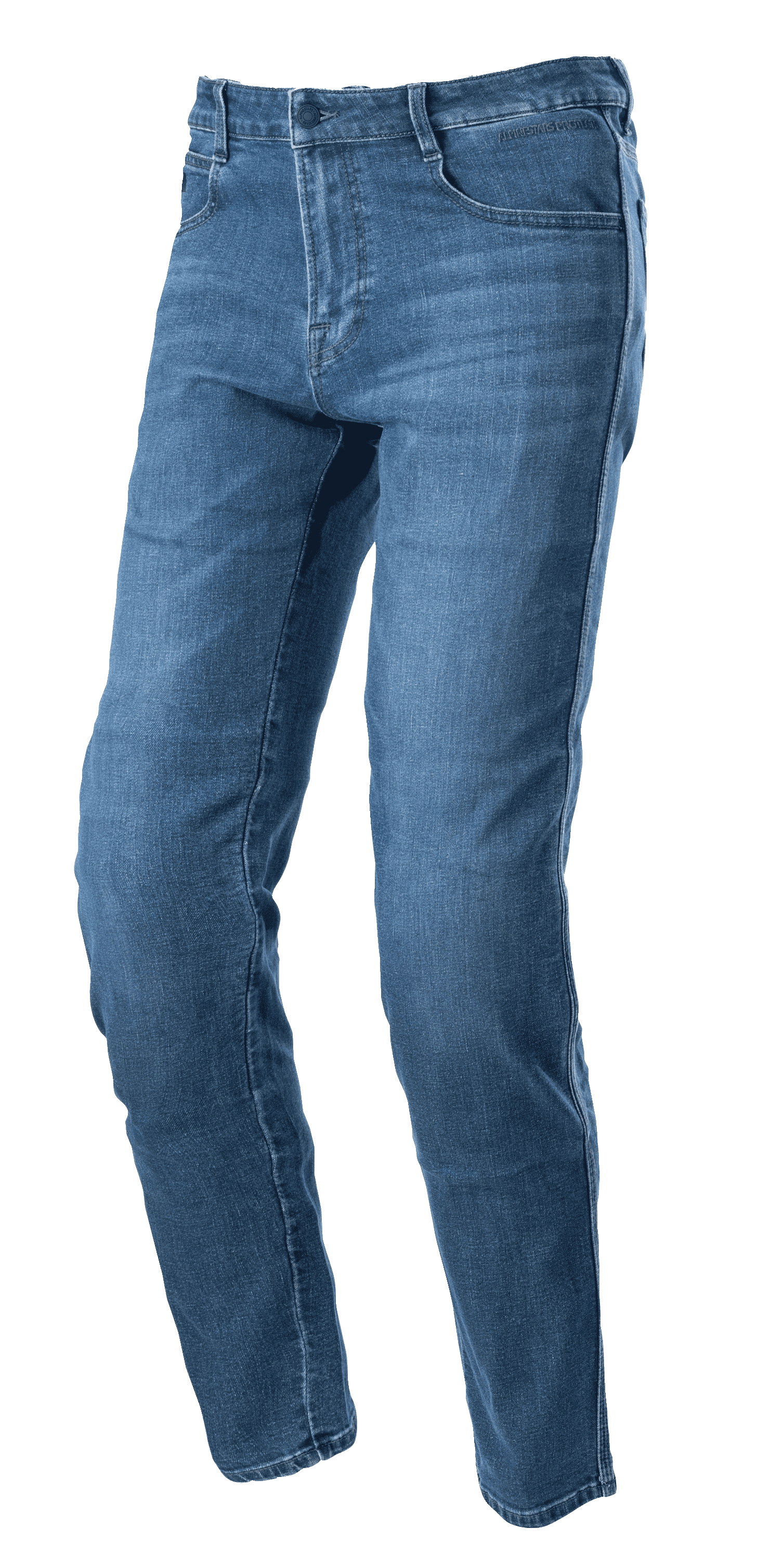 Alpinestars Radon Regular Fit Denim Pants, Rinse Blue motorjeans, model met rechte pijpen en een vijf-pocket design, verbleekte denim textuur, knoop- en ritssluiting, duurzame constructie voor urban riding