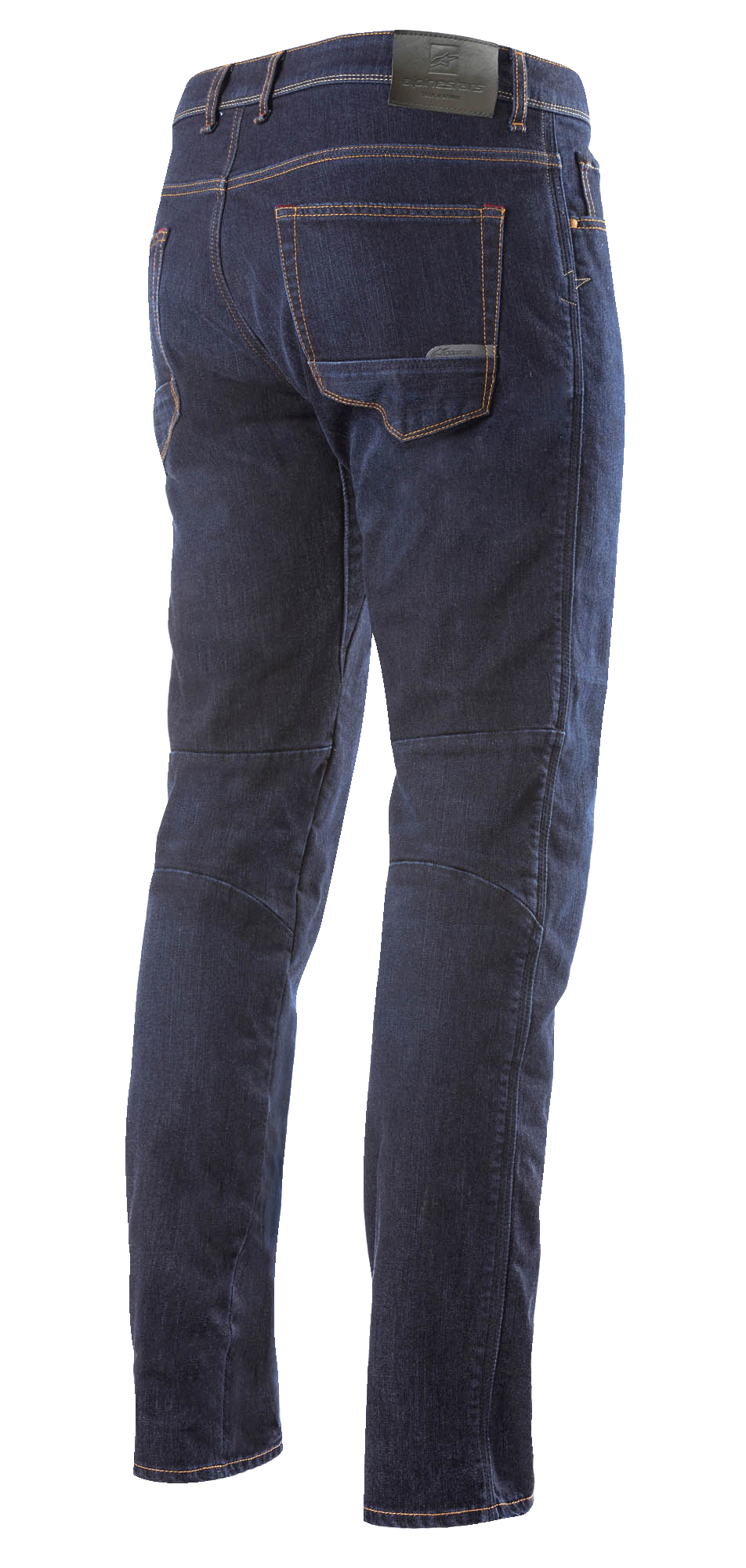 Alpinestars Radium Denim broek, motorjeans, donkerblauw, volledig achteraanzicht, klassiek vijfzakkenontwerp met lederlook logopatch op de tailleband, voorgevormde snit aan de achterkant van de benen voor ergonomisch rijcomfort