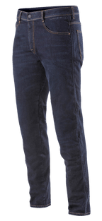 Alpinestars Radium Denim broek, motorjeans, donkerblauw met oranje stiksels, normale pasvorm, vijf-pocket ontwerp, stretch Cordura denim met discrete kniebescherming