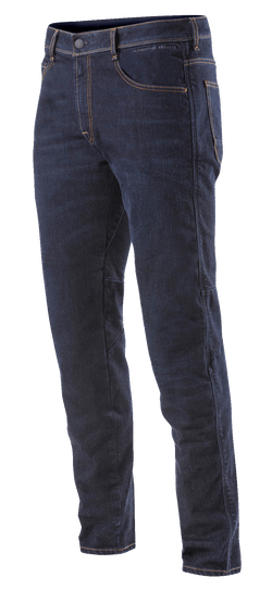 Alpinestars Radium Denim broek, heren motorjeans voor urban riding, donkerblauw, stretch Cordura denim, standaard pasvorm met Bio-Flex kniebescherming