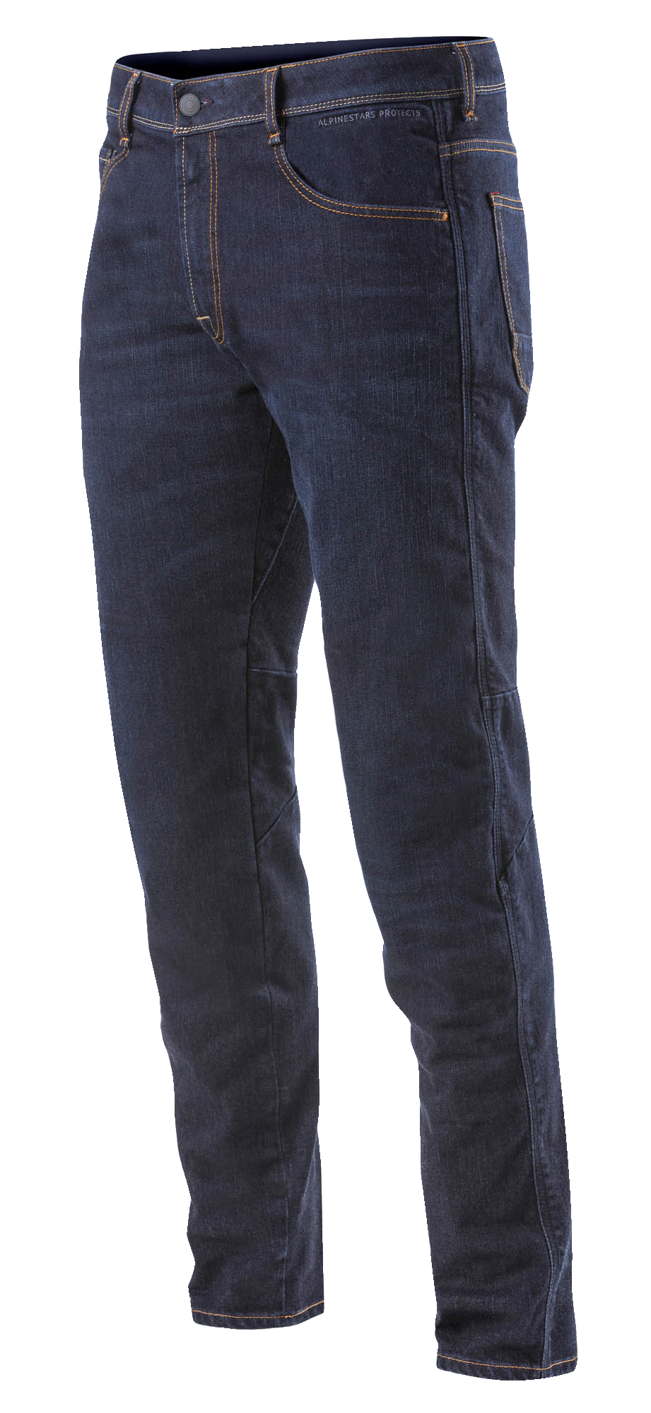 Alpinestars Radium Denim broek, motorjeans, donkerblauw met oranje stiksels, normale pasvorm, vijf-pocket ontwerp, stretch Cordura denim met discrete kniebescherming