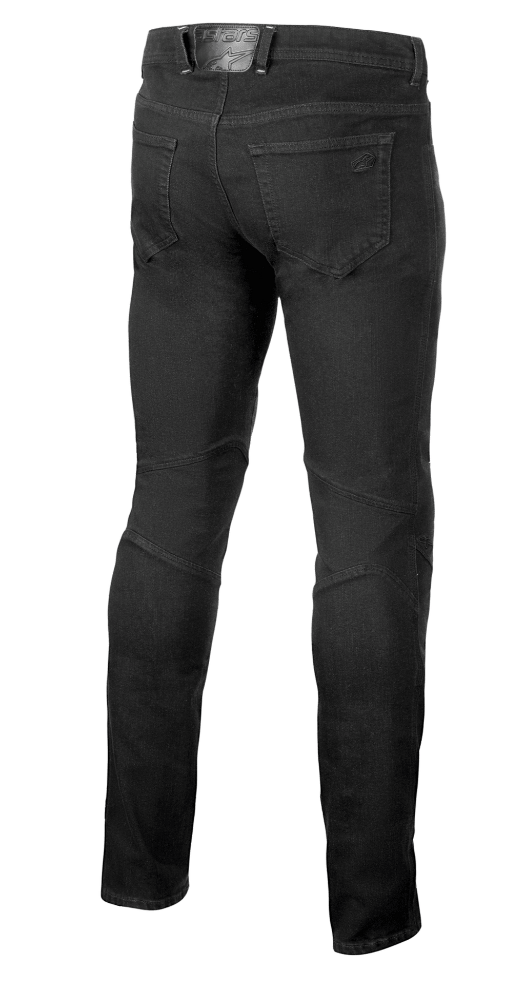 Alpinestars Radium V2 Denim broek, motorjeans, Black Rinse, achteraanzicht met five-pocket styling, tonale branding op de achterzak en patch op de tailleband, technische stiksels aan de achterkant van de knieën voor een taps toelopende pasvorm