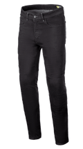 Alpinestars Radium V2 Denim Pants, motorbroek, zwart, regular taps toelopende pijp, vijf zakken, riemlussen, knoop- en ritssluiting, donkere denim stof