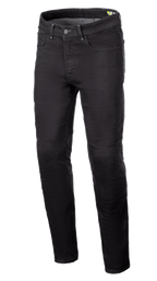 Alpinestars Radium V2 Denim Pants, motorbroek, zwart, regular taps toelopende pijp, vijf zakken, riemlussen, knoop- en ritssluiting, donkere denim stof