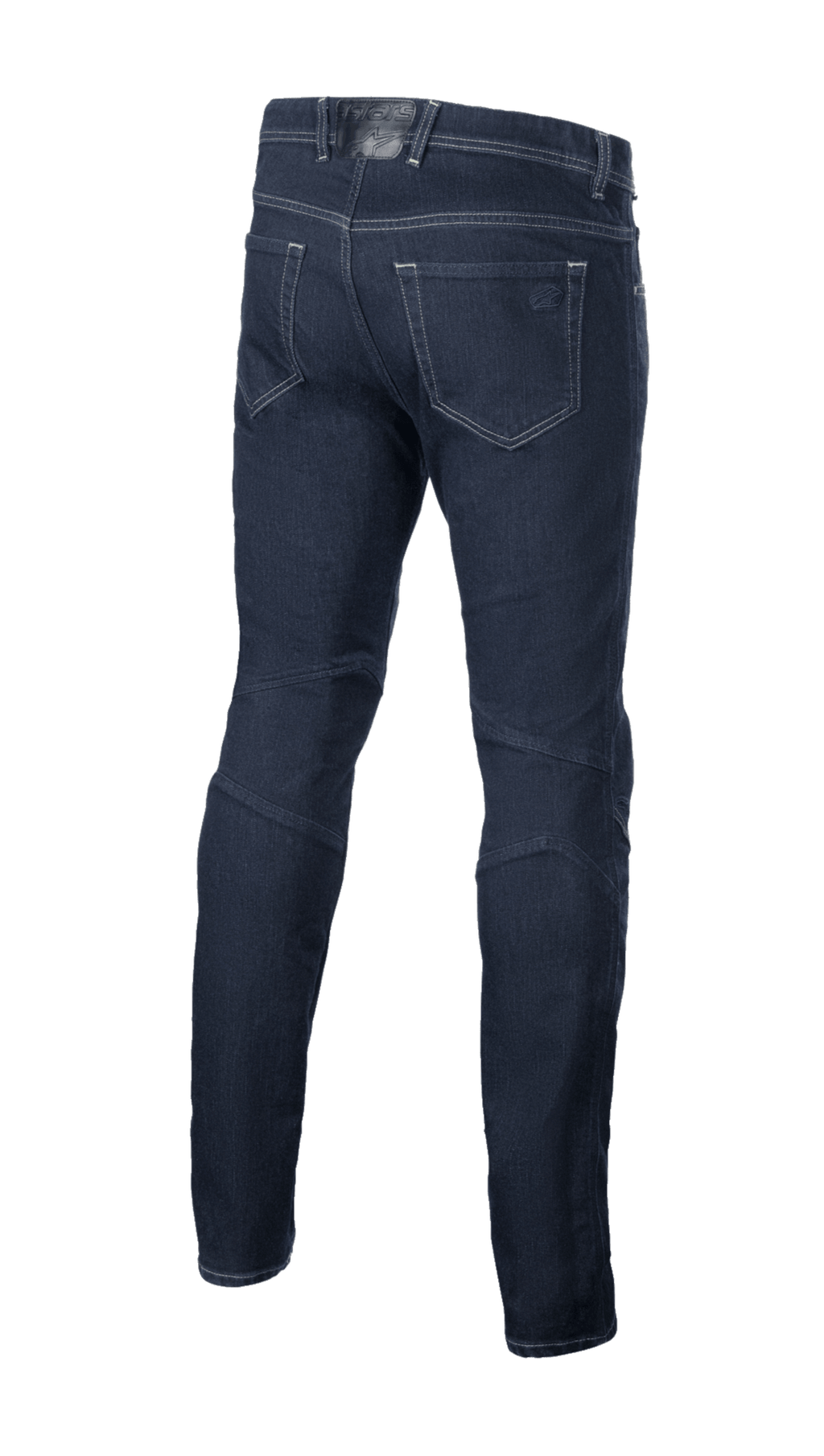 Alpinestars Radium V2 Denim broek, urban motorjeans, Rinse Blue, achteraanzicht met vijf-pocket design, taps toelopende pijp en donker denim materiaal met contraststiksels