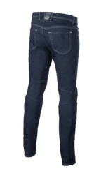 Alpinestars Radium V2 Denim broek, urban motorjeans, Rinse Blue, achteraanzicht met vijf-pocket design, taps toelopende pijp en donker denim materiaal met contraststiksels