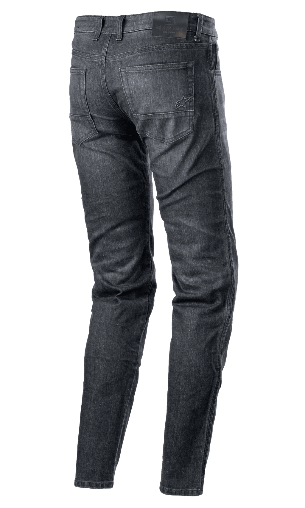 Alpinestars Sektor Regular Fit Denim Pants, motorjeans, Black Washed, achteraanzicht met vijfzaksontwerp, gestikt logo op de achterzak, zwarte lederen patch op de tailleband, taps toelopende pijpen, stedelijke technische motorkleding