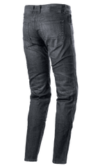 Alpinestars Sektor Regular Fit Denim Pants, motorjeans, Black Washed, achteraanzicht met vijfzaksontwerp, gestikt logo op de achterzak, zwarte lederen patch op de tailleband, taps toelopende pijpen, stedelijke technische motorkleding