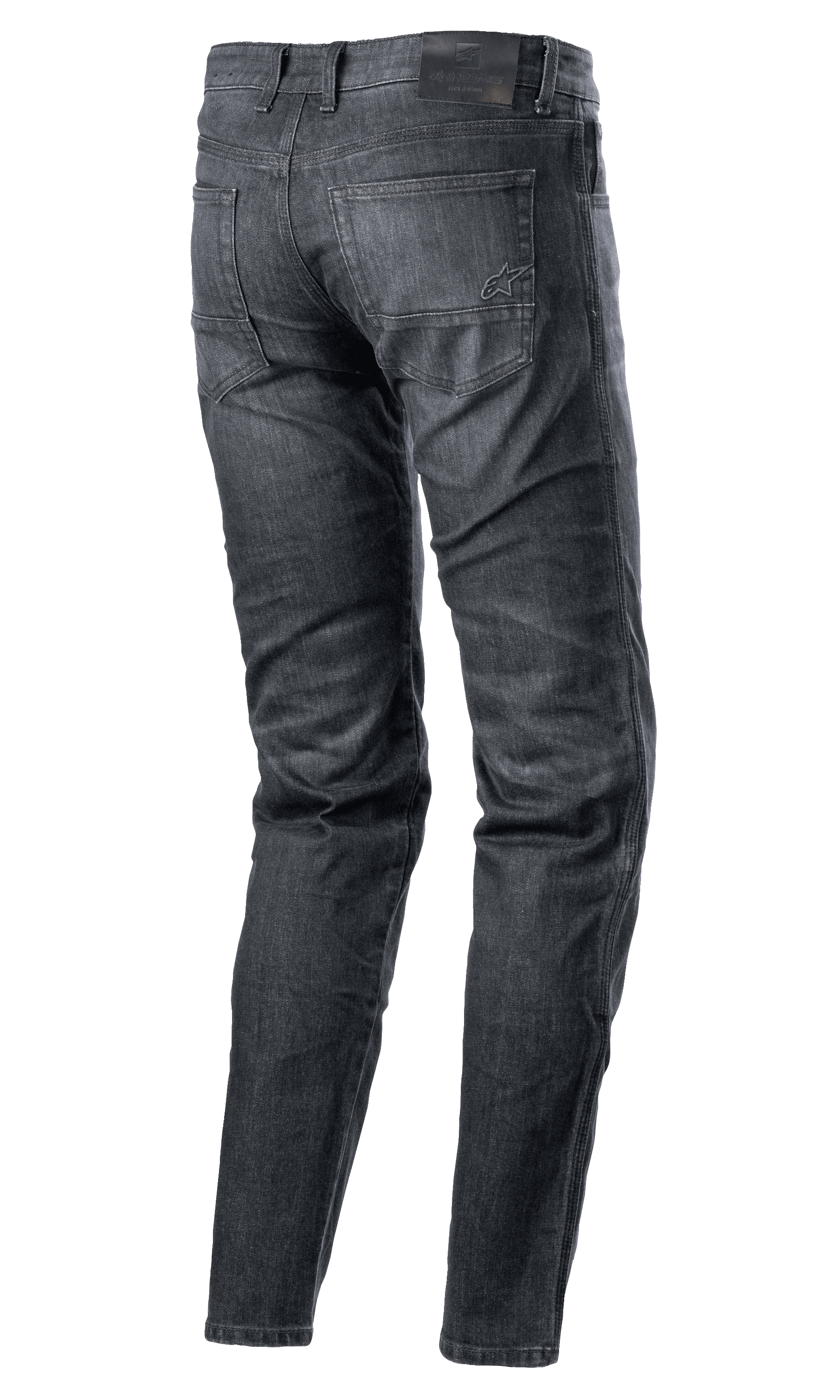 Alpinestars Sektor Regular Fit Denim Pants, motorjeans, Black Washed, achteraanzicht met vijfzaksontwerp, gestikt logo op de achterzak, zwarte lederen patch op de tailleband, taps toelopende pijpen, stedelijke technische motorkleding