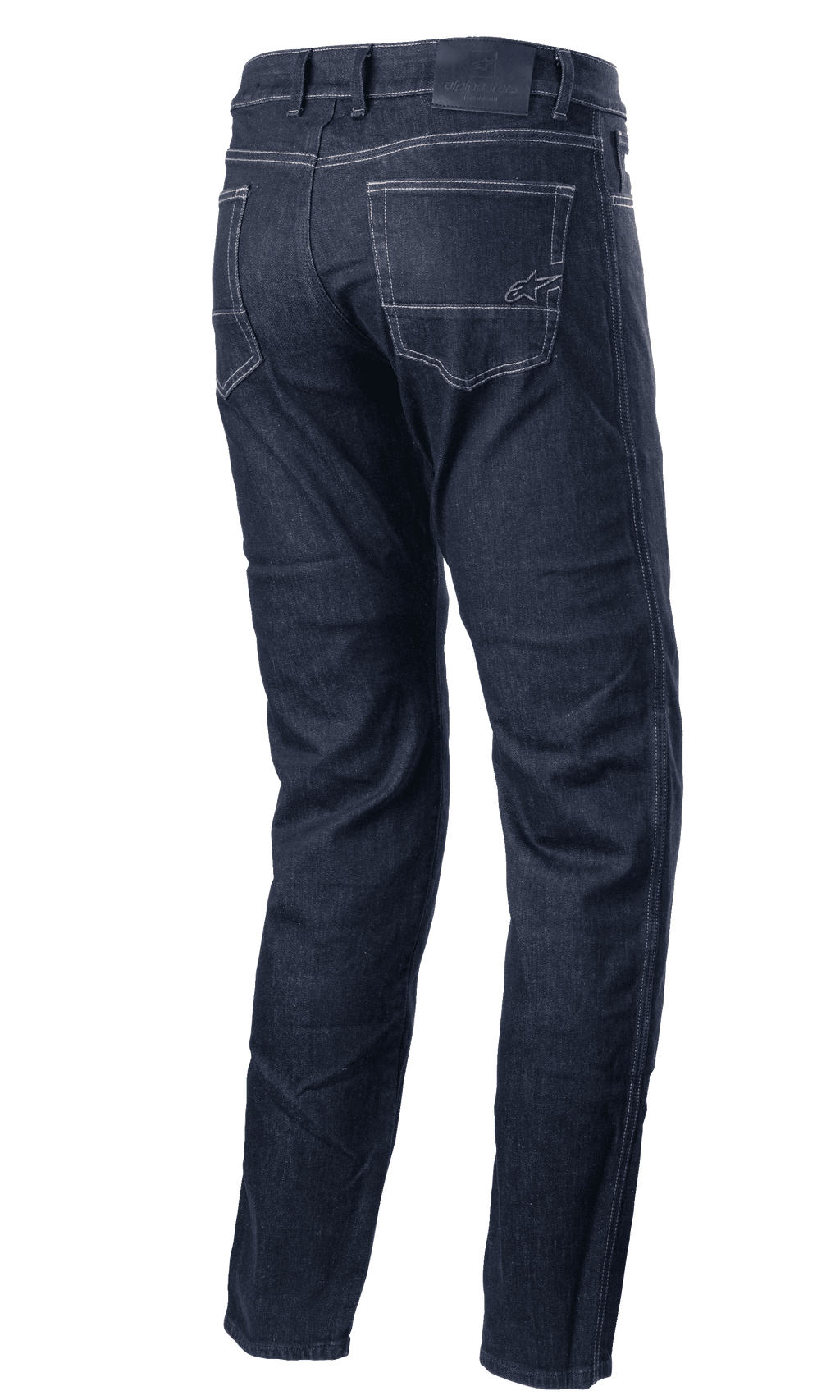 Alpinestars Sektor Regular Fit Denim broek, urban motorbroek, donkerblauw denim, achteraanzicht met achterzakken met lichte contraststiksels, klein geborduurd logo en regular fit taps toelopend ontwerp