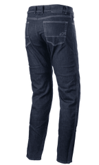 Alpinestars Sektor Regular Fit Denim broek, urban motorbroek, donkerblauw denim, achteraanzicht met achterzakken met lichte contraststiksels, klein geborduurd logo en regular fit taps toelopend ontwerp