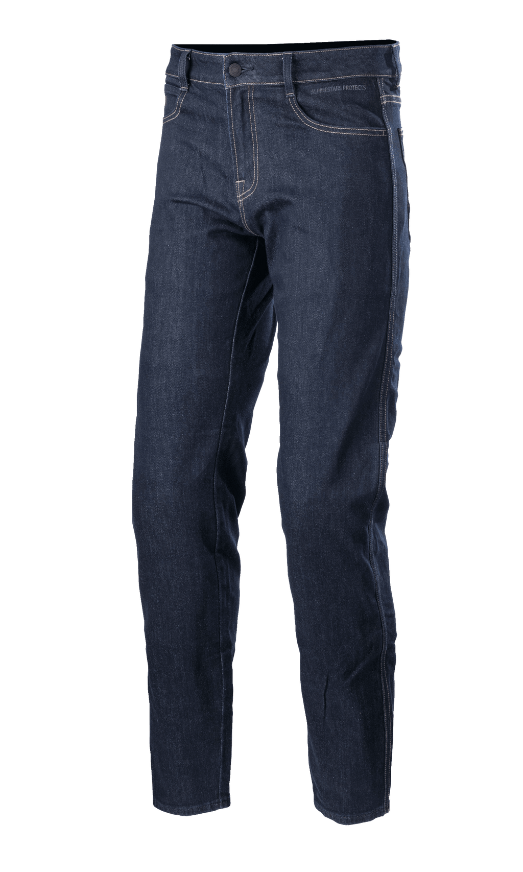 Alpinestars Sektor Regular Fit Denim Pants, Mid Blue motorjeans, technische motorbroek met contrasterende witte stiksels, vijf-pocket ontwerp, riemlussen en taps toelopende pijpen van stretch denim