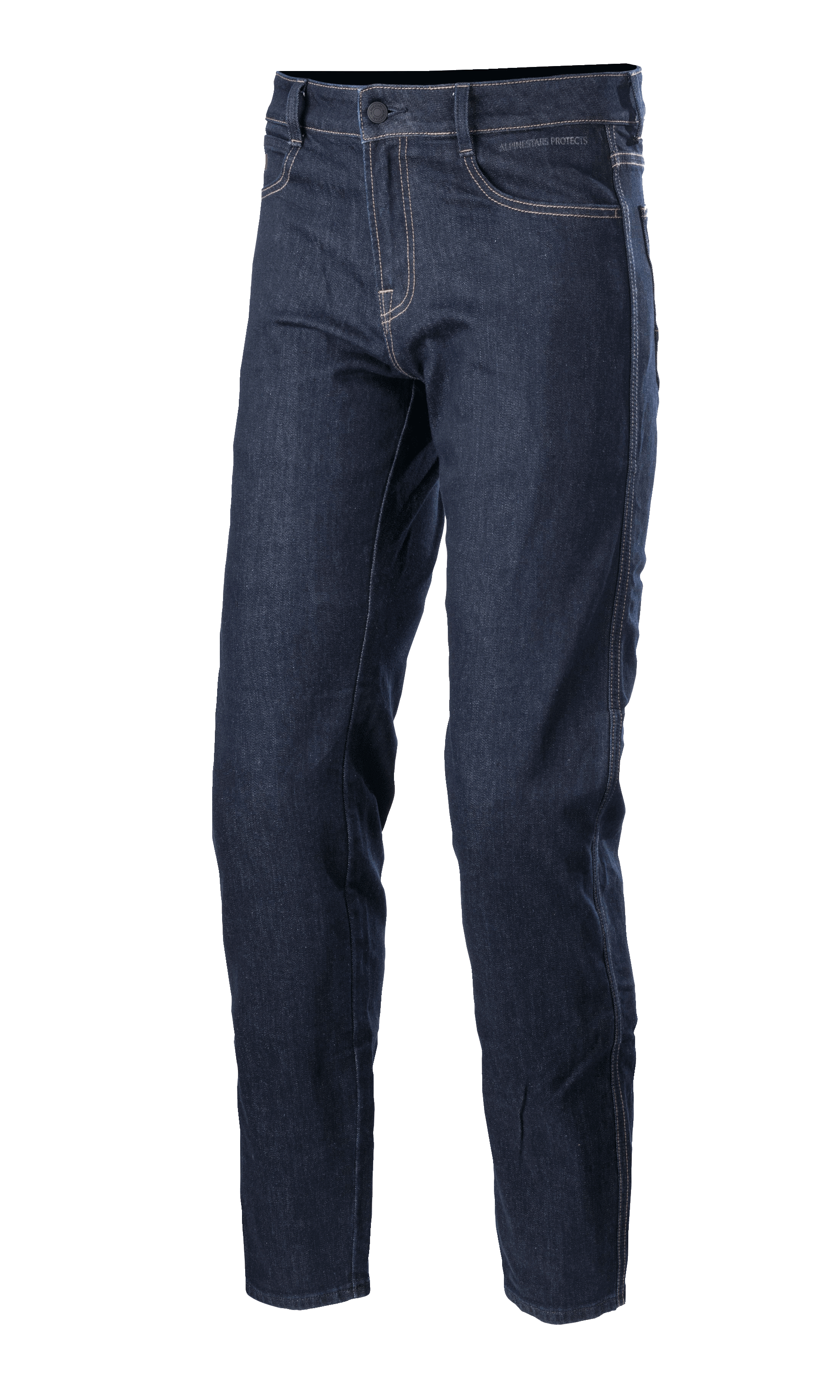 Alpinestars Sektor Regular Fit Denim Pants, Mid Blue motorjeans, technische motorbroek met contrasterende witte stiksels, vijf-pocket ontwerp, riemlussen en taps toelopende pijpen van stretch denim