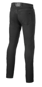 Alpinestars Copper V3 Denim broek, motorrijbroek, Black Rinse, achteraanzicht met achterzakken en lederen patch op de tailleband met tonale branding, comfortabele regular pasvorm met rechte pijpen