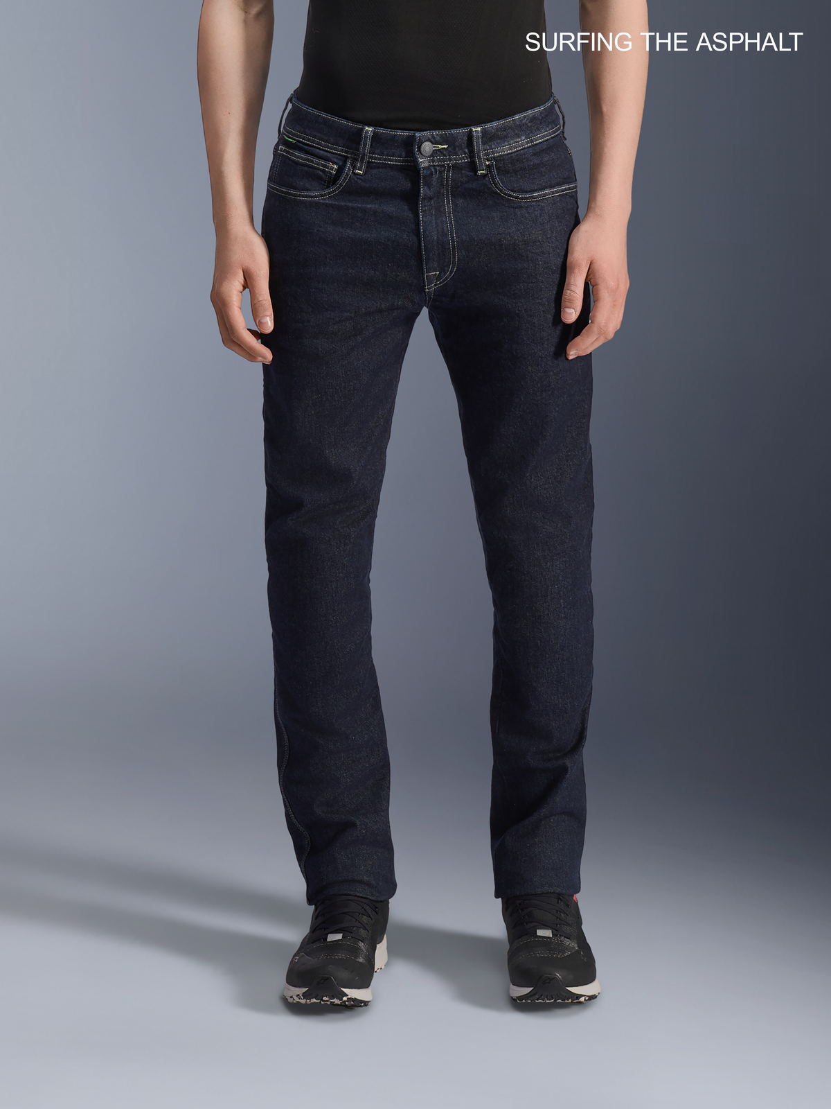 Alpinestars Copper V3 Denim Pants, men's urban motorcycle riding jeans in rinse blue, front view on a model wearing regular comfort straight leg stretch denim with aramid fiber reinforcement and CE certified protection