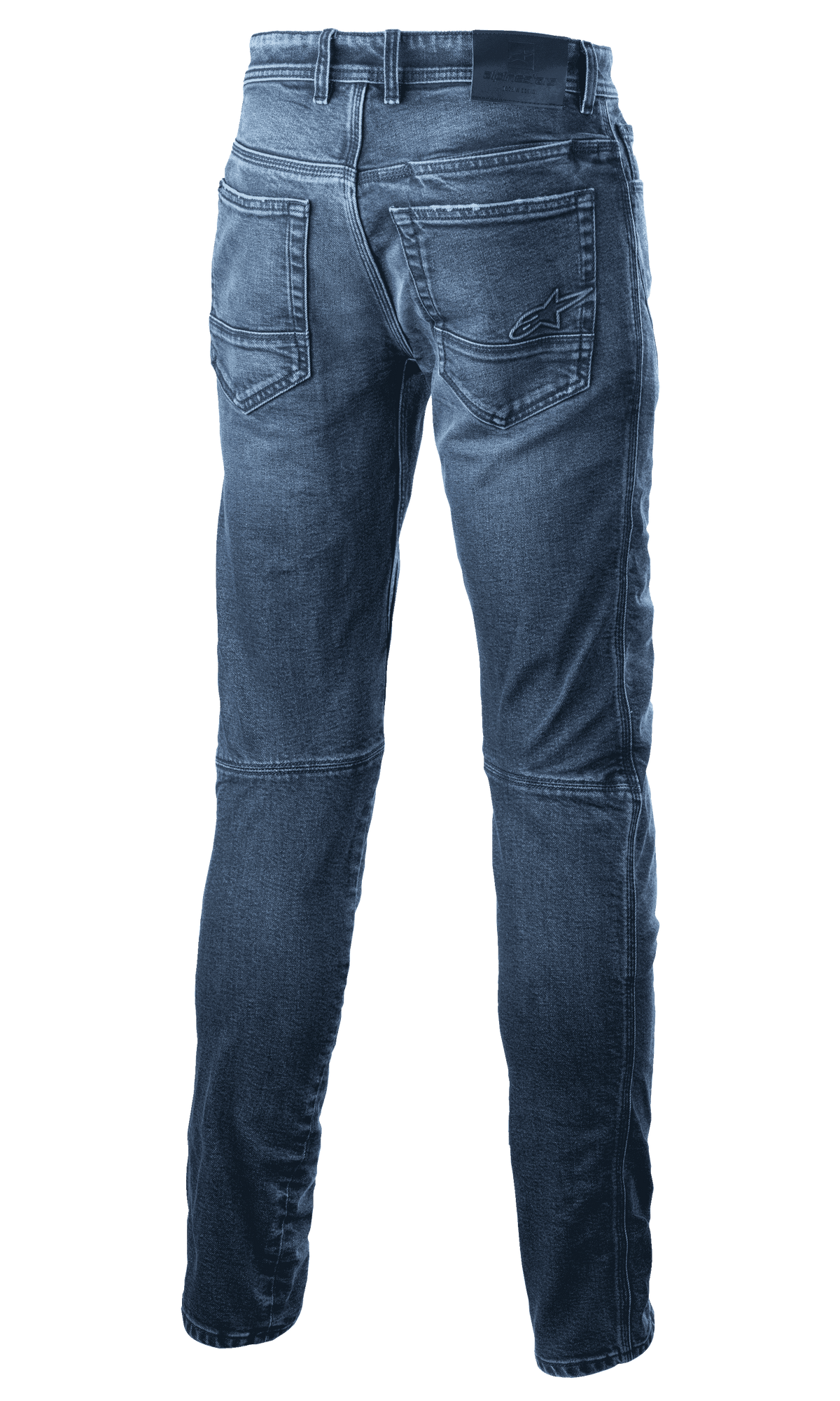 Alpinestars Argon Slim Fit Denim Broek, motorjeans, Mid Blue, achterzijde met achterzakken voorzien van geborduurd sterlogo, slim fit silhouet en technische denimconstructie voor stedelijk rijden