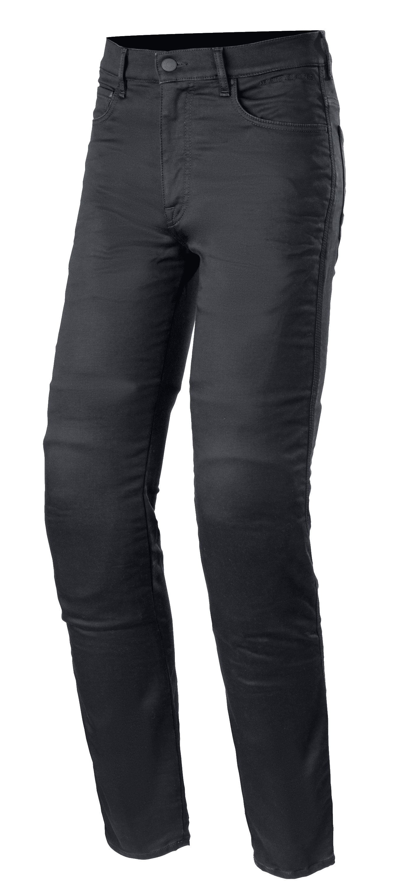 Alpinestars Cerium Tech Stretch Riding Denim, Black Rinse motorjeans, slim fit met knoopsluiting, five-pocket ontwerp met riemlussen, duurzame stretchstof met zichtbare stiksels