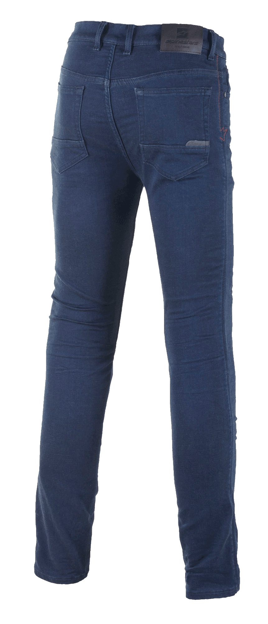 Alpinestars Cerium Tech Stretch Riding Denim, motorjeans, Rinse Blue, achteraanzicht met slim-fit technische denim, klassieke achterzakken en leren merkpatch op de tailleband