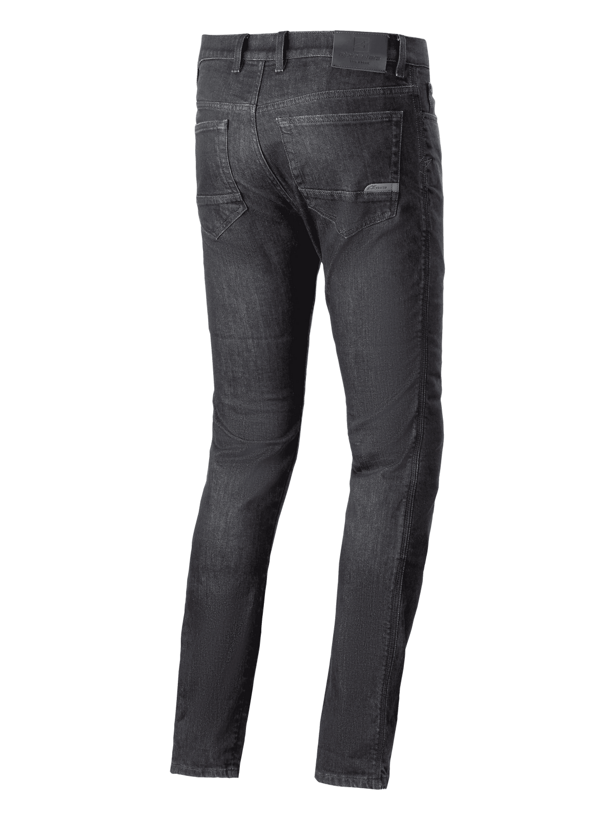 Alpinestars Cerium Denim Tech motorbroek, motorjeans, Black Washed, achteraanzicht met achterzakken en logo-patch op de tailleband, casual urban rijstijl