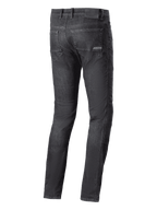 Alpinestars Cerium Denim Tech motorbroek, motorjeans, Black Washed, achteraanzicht met achterzakken en logo-patch op de tailleband, casual urban rijstijl