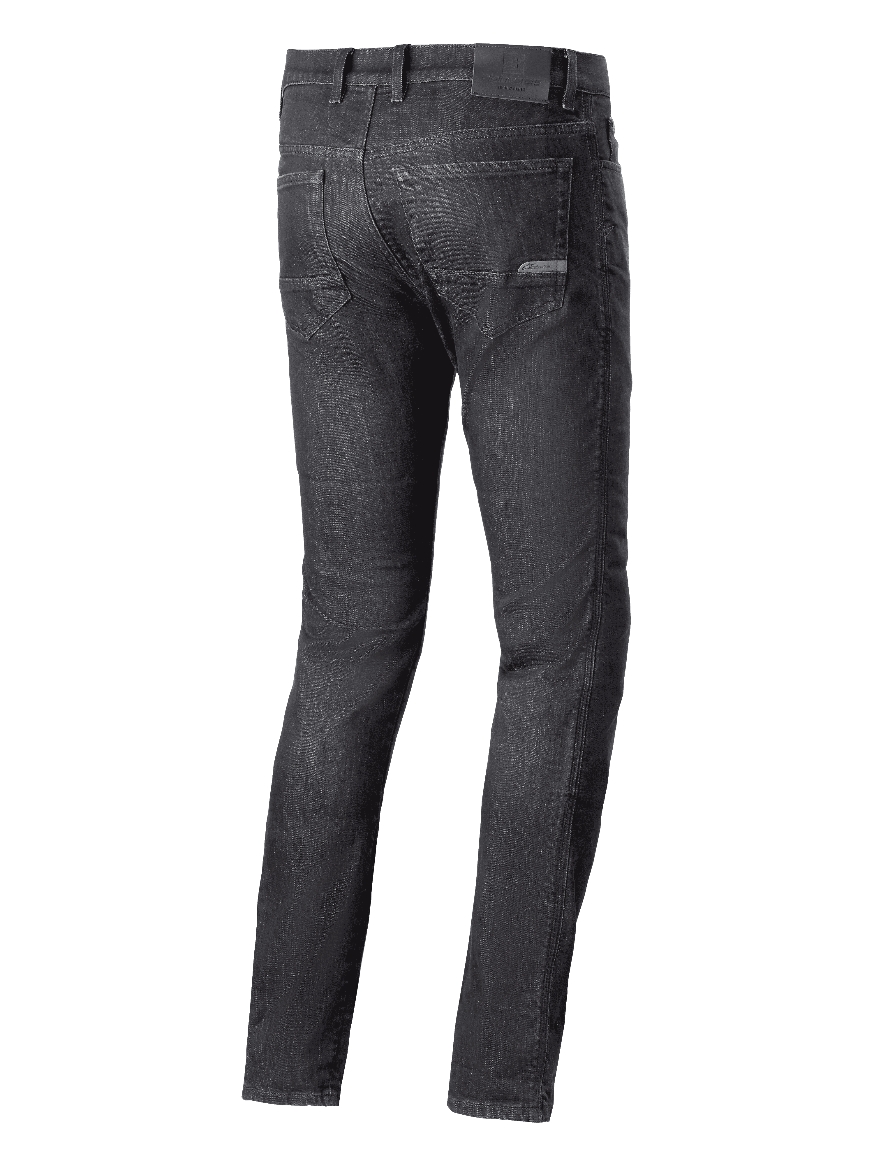 Alpinestars Cerium Denim Tech motorbroek, motorjeans, Black Washed, achteraanzicht met achterzakken en logo-patch op de tailleband, casual urban rijstijl