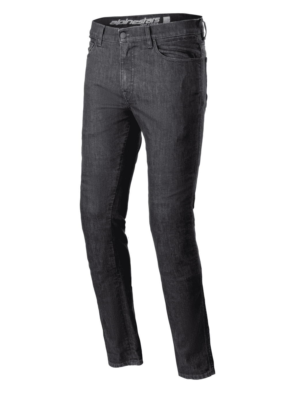 Alpinestars Cerium Denim Tech Riding Pants, motorjeans, Black Washed, slim fit, klassiek model met vijf zakken, robuuste denimconstructie, riemlussen, knoop- en ritssluiting, eigentijdse stedelijke motoruitrusting