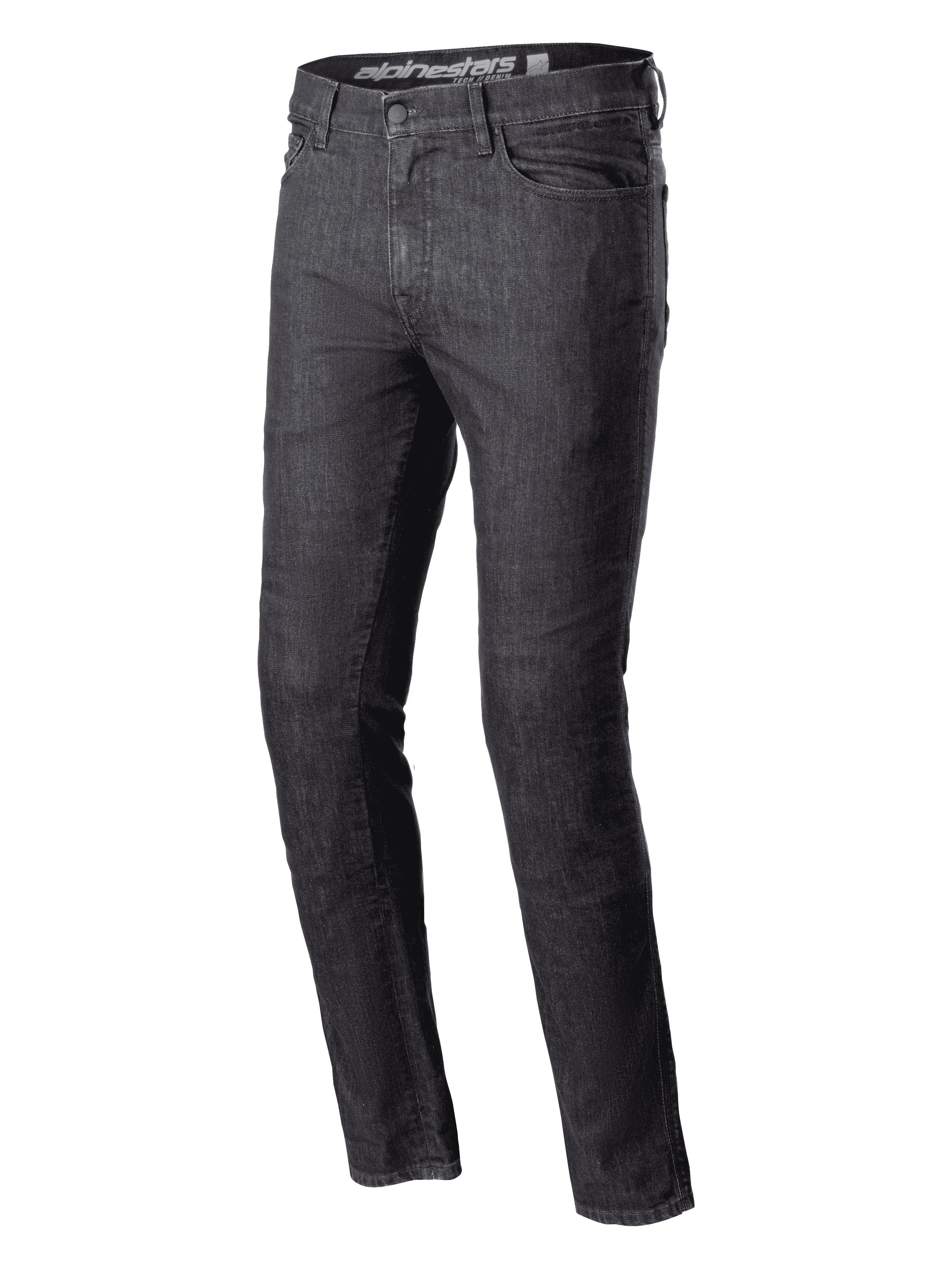 Alpinestars Cerium Denim Tech Riding Pants, motorjeans, Black Washed, slim fit, klassiek model met vijf zakken, robuuste denimconstructie, riemlussen, knoop- en ritssluiting, eigentijdse stedelijke motoruitrusting