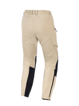 Alpinestars Stella Flex-AST Explorer damesbroek, motorfiets adventurebroek voor dames, zand en zwart, achteraanzicht met elastische tailleband, cargozakken aan de zijkant en verstevigde panelen op het onderbeen met ritsen, ontworpen voor rijden in warm weer