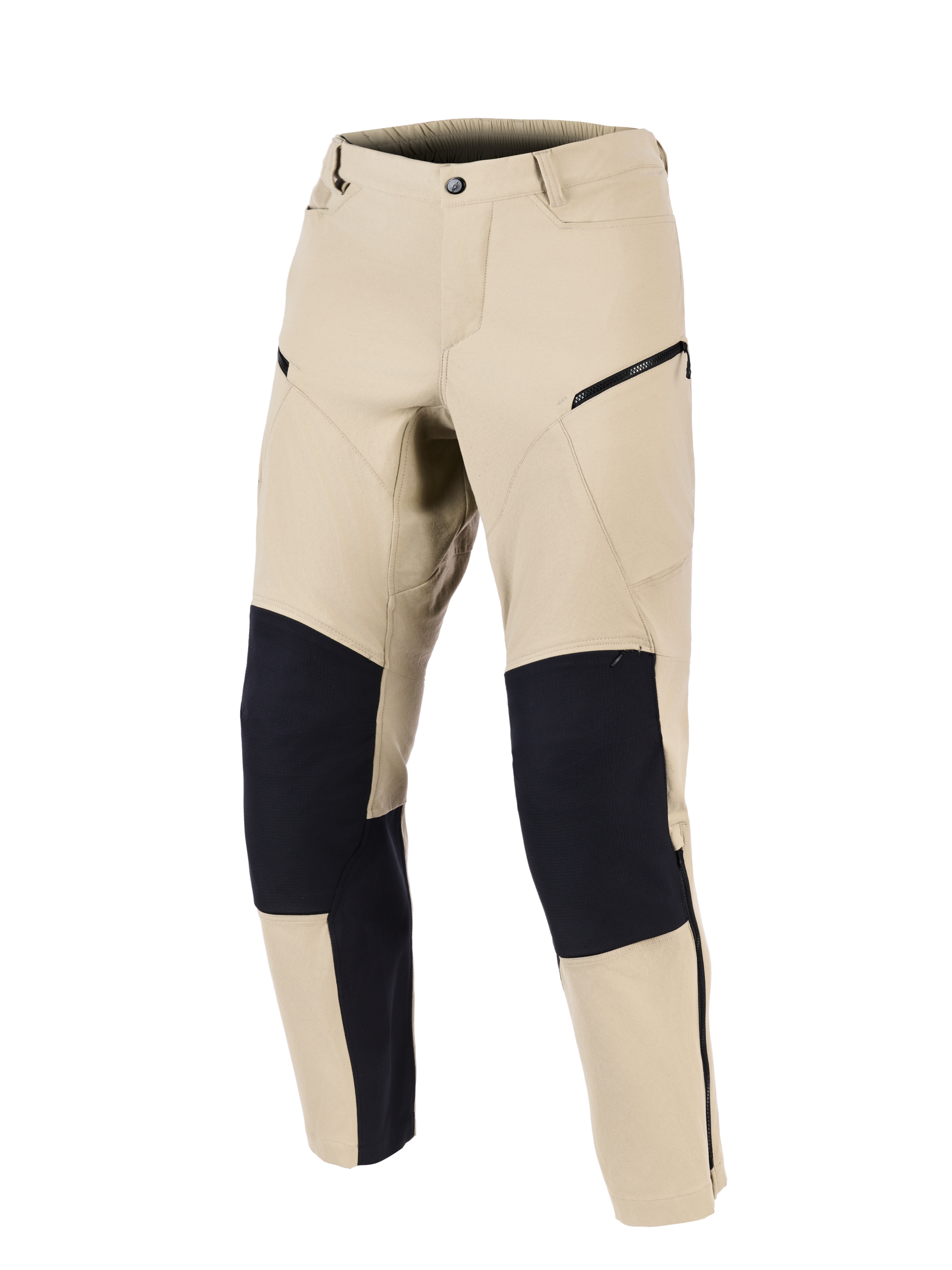 Alpinestars Stella Flex-AST Explorer Pants, dames motorbroek, zand en zwart, vooraanzicht met verstevigde zwarte kniepanelen, cargozakken met ritssluiting en een gestroomlijnd textielontwerp voor adventure touring