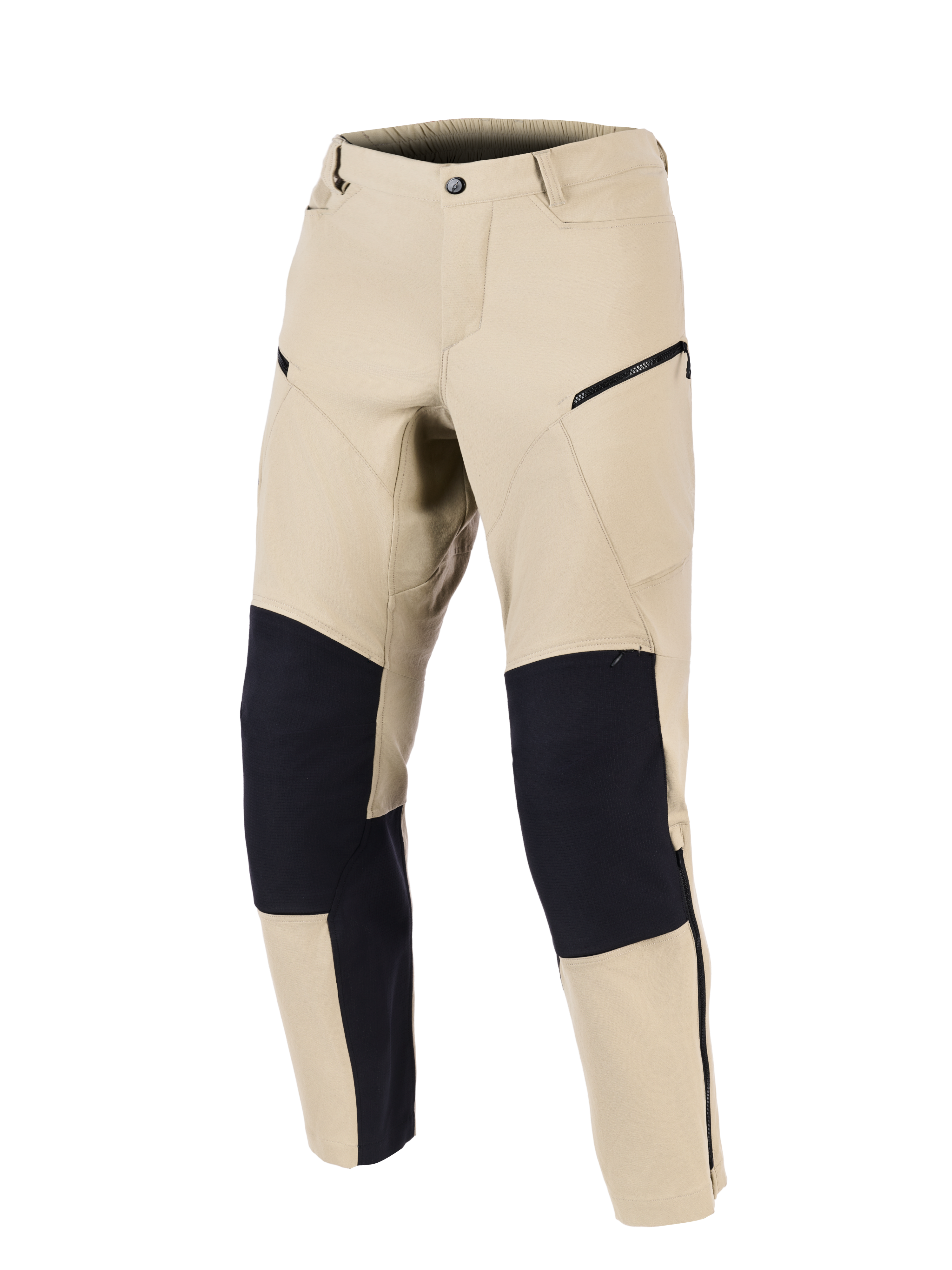 Alpinestars Stella Flex-AST Explorer Pants, dames motorbroek, zand en zwart, vooraanzicht met verstevigde zwarte kniepanelen, cargozakken met ritssluiting en een gestroomlijnd textielontwerp voor adventure touring